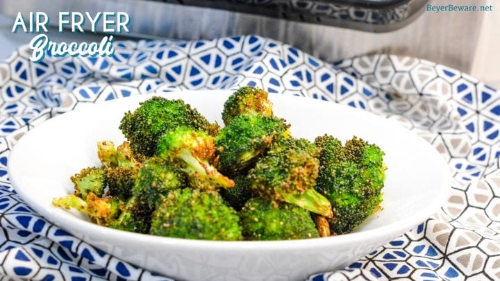 Air fryer broccoli is a delicious crispy broccoli recipe that is ready to eat in just 10 minutes! This broccoli in the air fryer recipe EASY made with a simple combination of fresh broccoli crowns, olive oil, and my favorite garlic pepper seasoning.