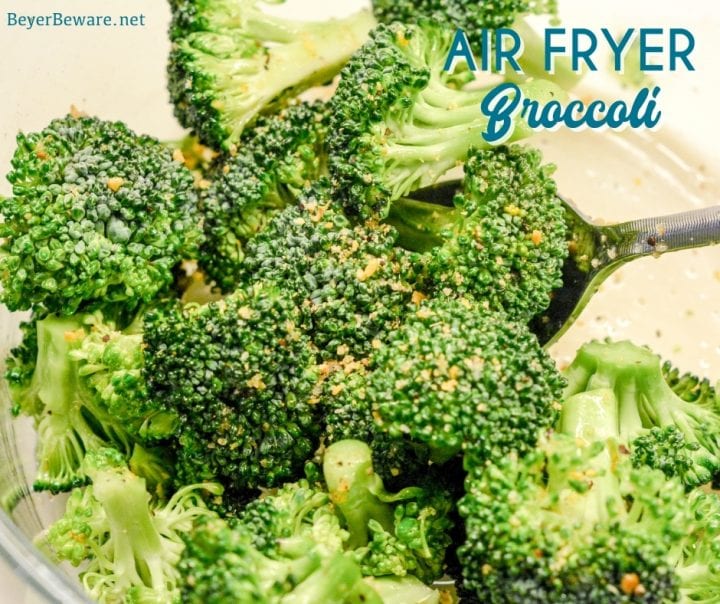 Air fryer broccoli is a delicious crispy broccoli recipe that is ready to eat in just 10 minutes! This broccoli in the air fryer recipe EASY made with a simple combination of fresh broccoli crowns, olive oil, and my favorite garlic pepper seasoning.