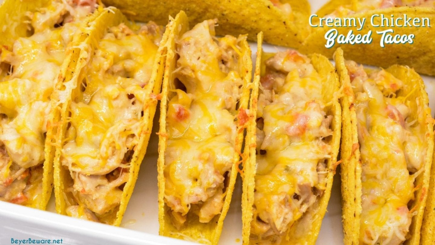 Creamy chicken baked tacos may have just become the best version of baked tacos made quickly with shredded chicken, Rotel, and cream cheese and piled into corn taco shells and baked to cheesy perfection.