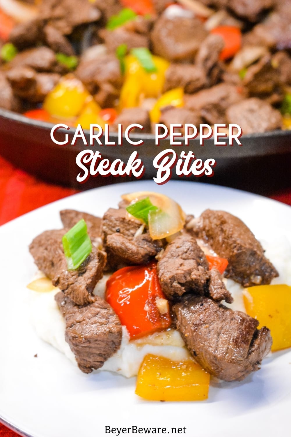 Garlic pepper steak bites recipe is an easy cast iron steak skillet meal made with an easy marinated sirloin steak, garlic, onions, and bell peppers served over mashed potatoes or rice.