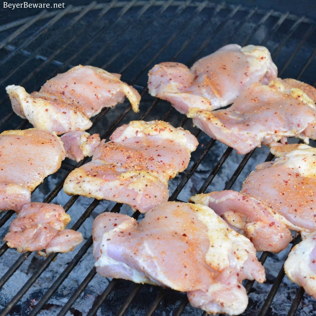 Grilled chicken no longer has to be dry and tough with this simple method for how to make the best grilled chicken recipe with boneless, skinless chicken thighs and honey garlic seasoning.