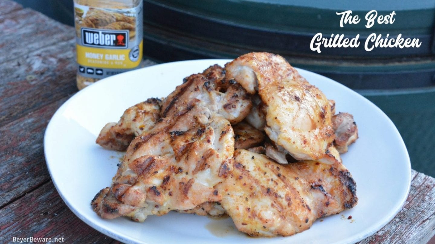 Grilled chicken no longer has to be dry and tough with this simple method for how to make the best grilled chicken recipe with boneless, skinless chicken thighs and honey garlic seasoning.
