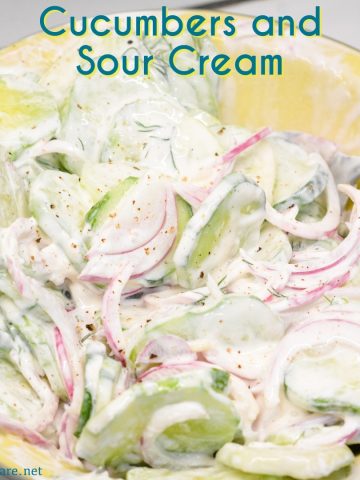 Cucumbers and sour cream salad is a creamy cucumber salad that is tangy with a hint of spice from the combination of cucumbers, onions, sour cream, hot sauce, dill weed, and vinegar.