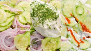 Cucumbers and sour cream salad is a creamy cucumber salad that is tangy with a hint of spice from the combination of cucumbers, onions, sour cream, hot sauce, dill weed, and vinegar.