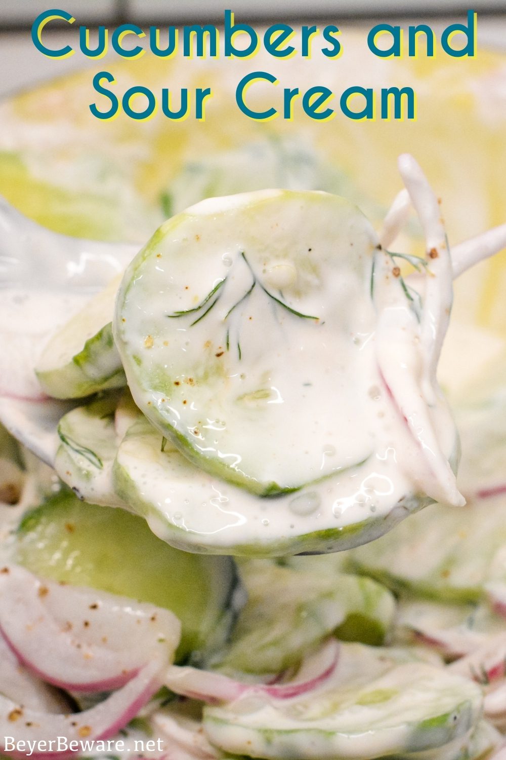 Cucumbers and sour cream salad is a creamy cucumber salad that is tangy with a hint of spice from the combination of cucumbers, onions, sour cream, hot sauce, dill weed, and vinegar.