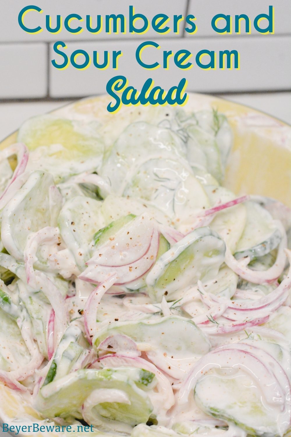 Cucumbers and sour cream salad is a creamy cucumber salad that is tangy with a hint of spice from the combination of cucumbers, onions, sour cream, hot sauce, dill weed, and vinegar.