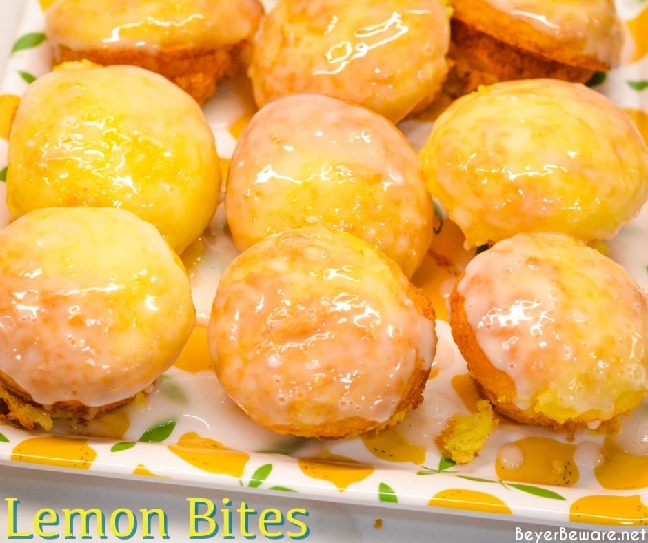 Lemon Blossoms or lemon bites are mini lemon cupcakes that start with a lemon cake mix and vanilla pudding mix and topped with a lemon glaze.