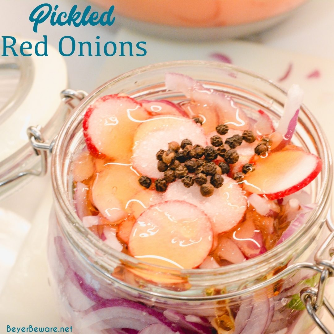 Pickled red onions are easy to make with onions, lime juice, jalapenos, radishes, and vinegar and the perfect topping for tacos, salads, and sandwiches.