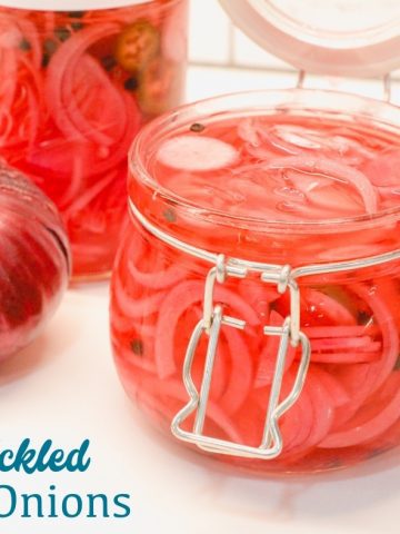 Pickled red onions are easy to make with onions, lime juice, jalapenos, radishes, and vinegar and the perfect topping for tacos, salads, and sandwiches.