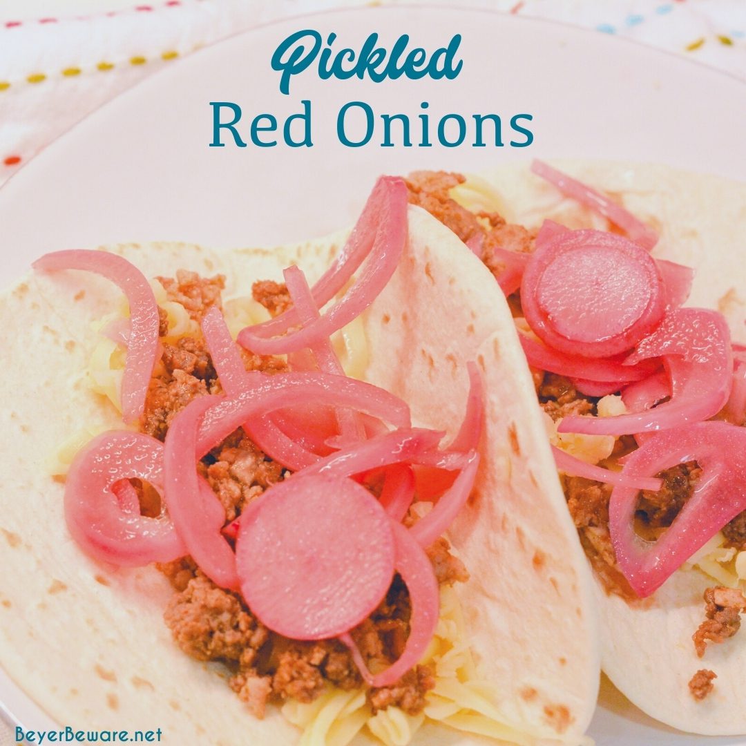 Pickled red onions are easy to make with onions, lime juice, jalapenos, radishes, and vinegar and the perfect topping for tacos, salads, and sandwiches.