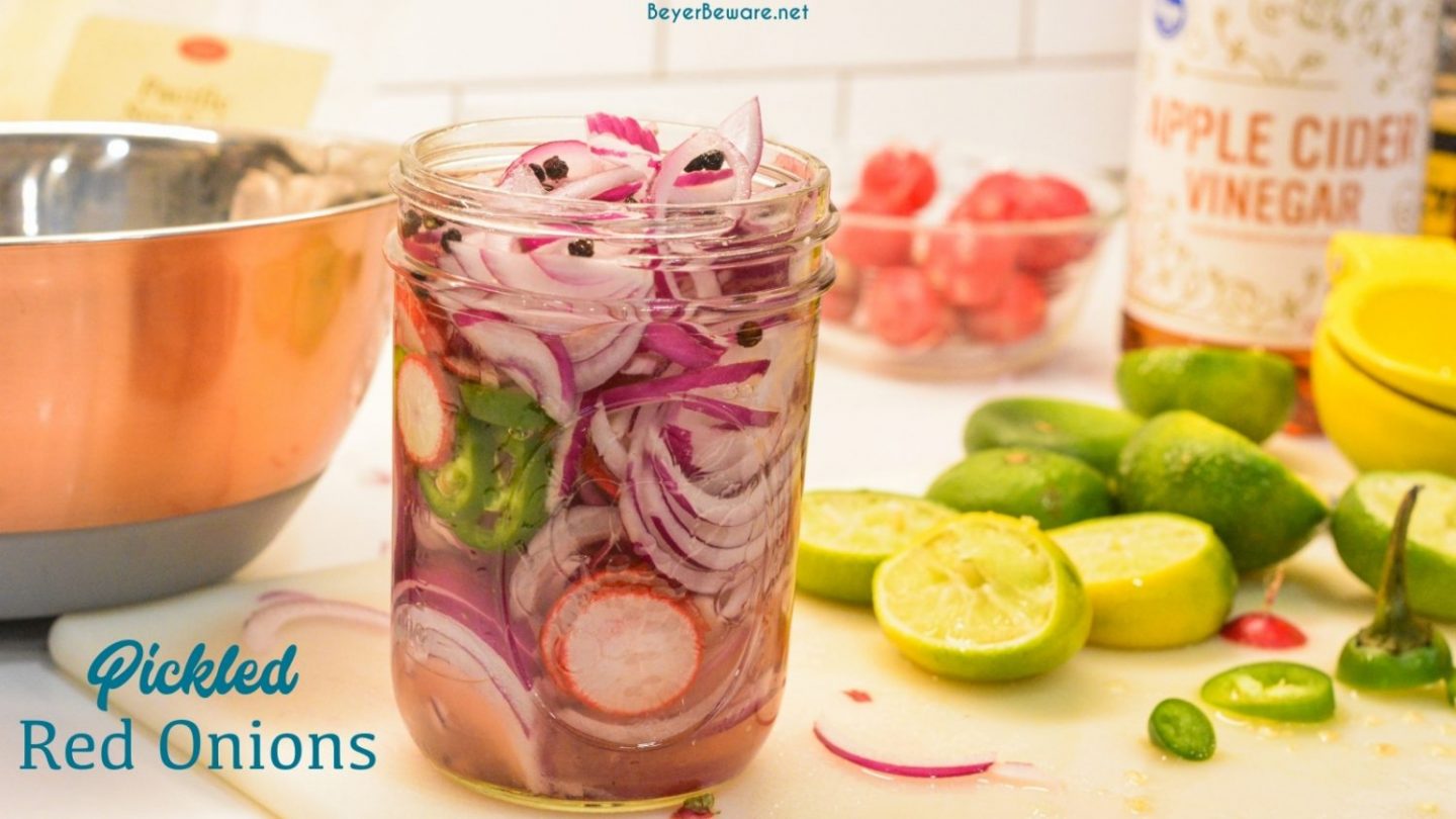 Pickled red onions are easy to make with onions, lime juice, jalapenos, radishes, and vinegar and the perfect topping for tacos, salads, and sandwiches.