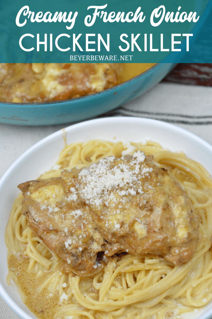 Creamy French onion chicken skillet has a base of caramelized onions used to add extra flavor to boneless, skinless chicken thighs and simmered together with cream to make an easy chicken dinner.