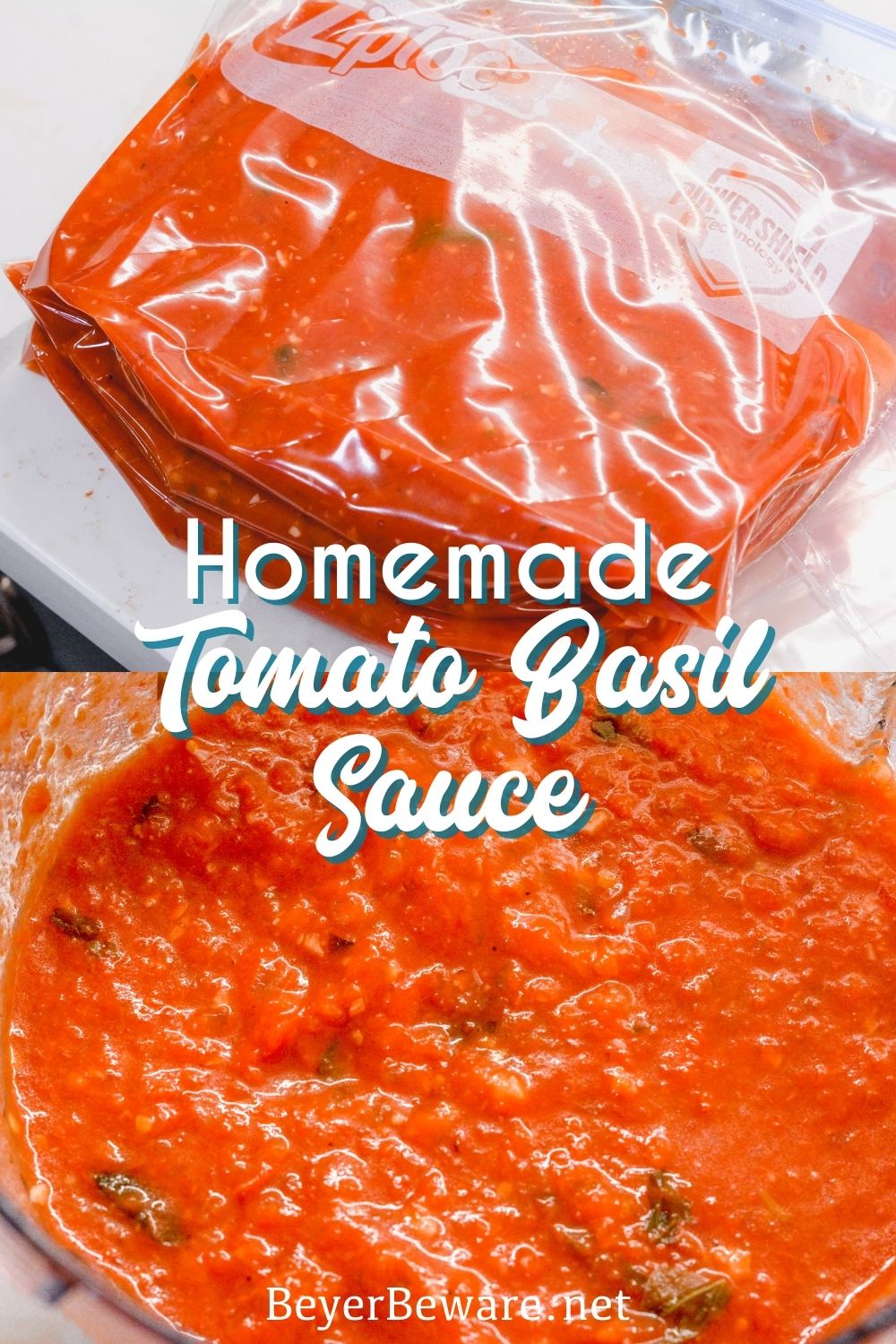 Tomato basil sauce is easy to make by oven roasting the tomatoes, garlic, onions, basil, and olive oil before pureeing into the sauce.