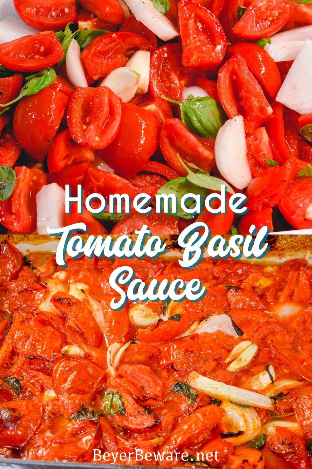 Tomato basil sauce is easy to make by oven roasting the tomatoes, garlic, onions, basil, and olive oil before pureeing into the sauce.