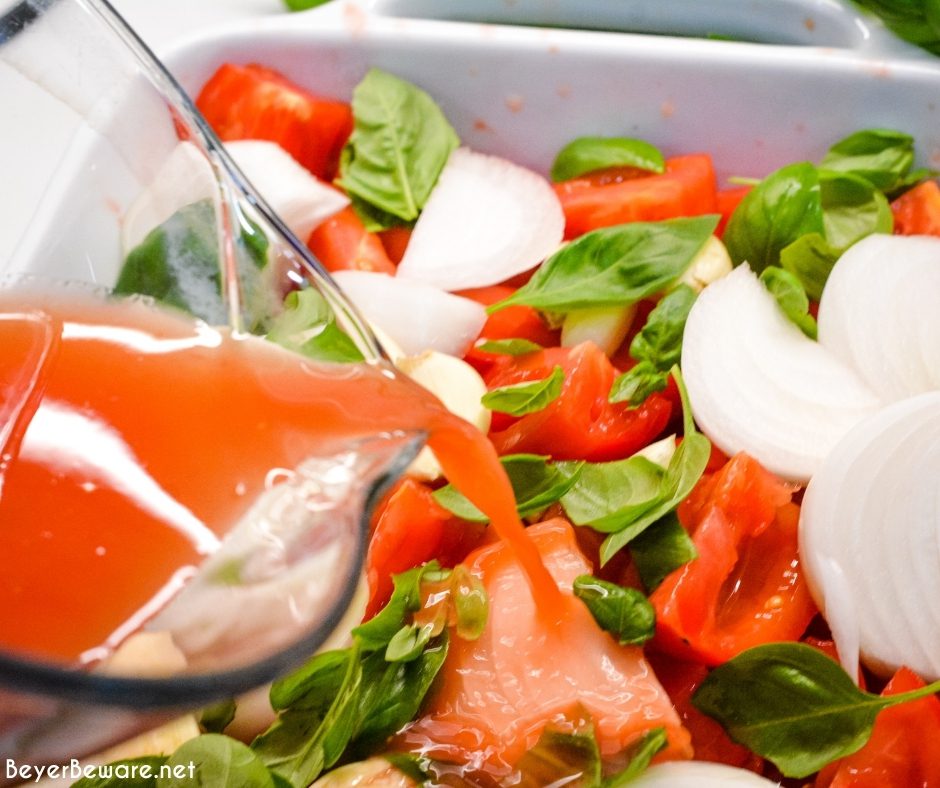 Tomato basil sauce is easy to make by oven roasting the tomatoes, garlic, onions, basil, and olive oil before pureeing into the sauce.