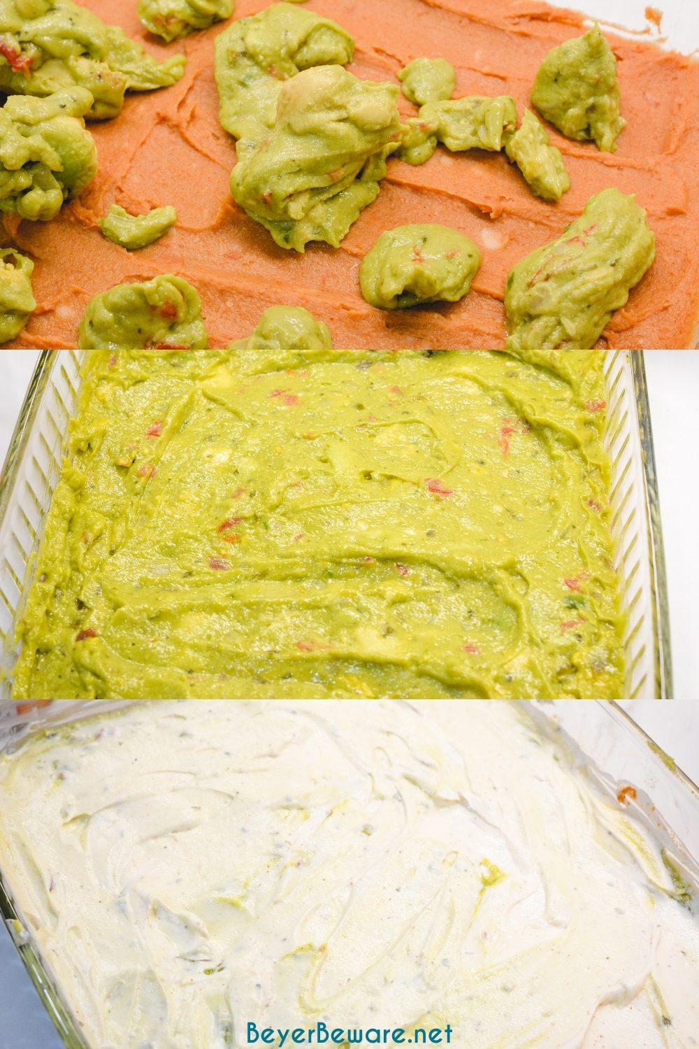 Spicy ranch 7-layer taco dip is Layers of taco-seasoned refried beans, guacamole, sour cream with ranch, lettuce, cheese, pico de gallo, olive, and cheese!