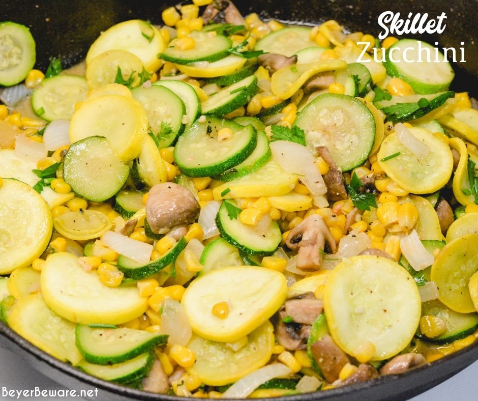 Skillet zucchini and summer squash recipe with corn and mushrooms is a quick sauteed squash recipe that comes together with lots of flavors thanks to onions, garlic, and fresh herbs.