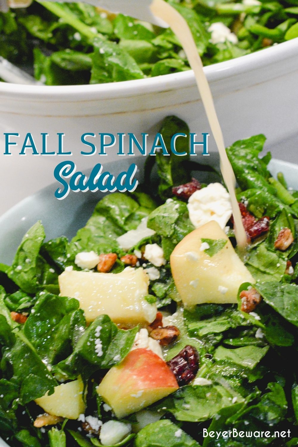Apple spinach salad is a sweet and savory mixture of spinach, apples, pecans, cranberries, and feta cheese finished with a maple dijon vinaigrette.