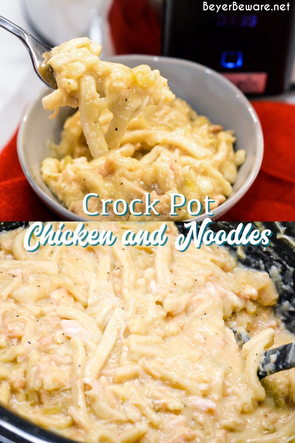 Easy Crock Pot Chicken and Noodles is made by slow cooking chicken, onions, celery, and garlic all day and then adding Reames wide noodles.