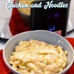 Easy Crock Pot Chicken and Noodles is made by slow cooking chicken, onions, celery, and garlic all day and then adding Reames wide noodles.