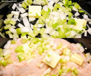 Easy Crock Pot Chicken and Noodles is made by slow cooking chicken, onions, celery, and garlic all day and then adding Reames wide noodles.