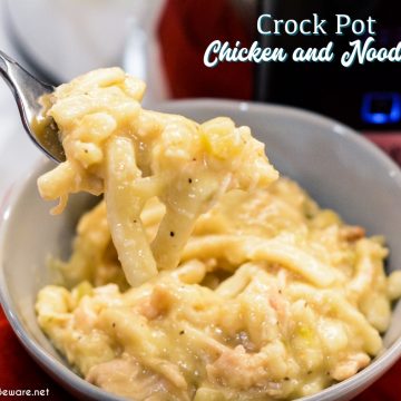 Easy Crock Pot Chicken and Noodles is made by slow cooking chicken, onions, celery, and garlic all day and then adding Reames wide noodles.