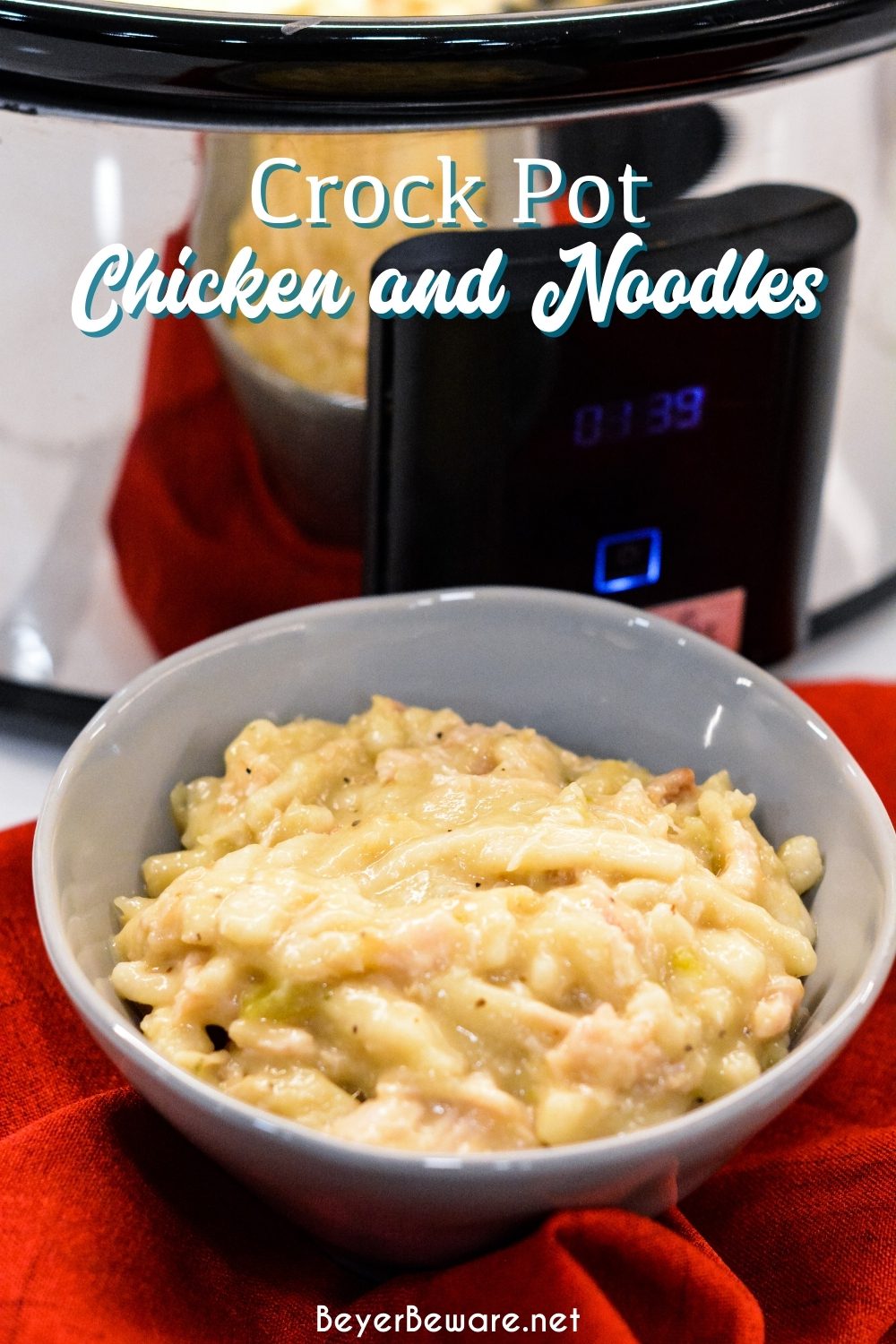Easy Crock Pot Chicken and Noodles is made by slow cooking chicken, onions, celery, and garlic all day and then adding Reames wide noodles.