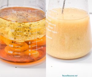 Maple dijon vinaigrette in a dressing maker bottle before stirred and after.