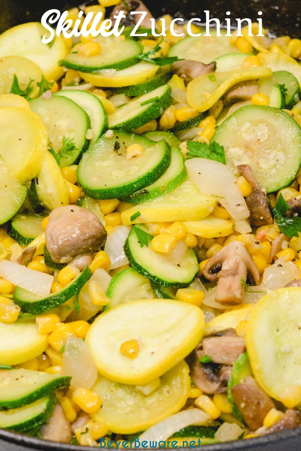 Skillet zucchini and summer squash recipe with corn and mushrooms is a quick sauteed squash recipe that comes together with lots of flavors thanks to onions, garlic, and fresh herbs.