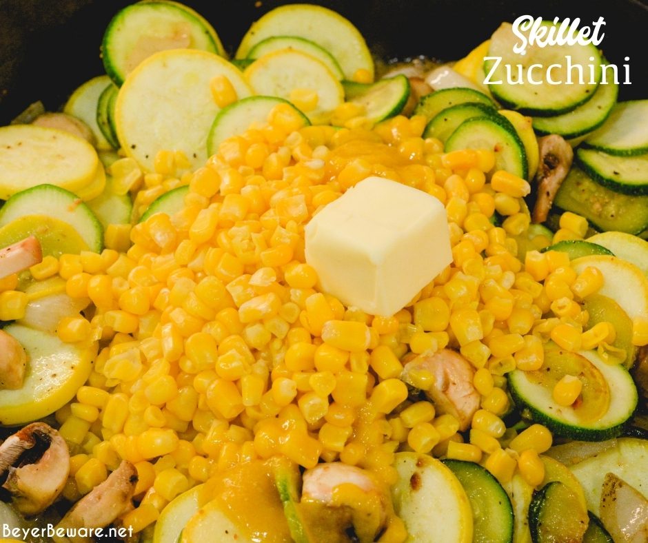 Skillet zucchini and summer squash recipe with corn and mushrooms is a quick sauteed squash recipe that comes together with lots of flavors thanks to onions, garlic, and fresh herbs.