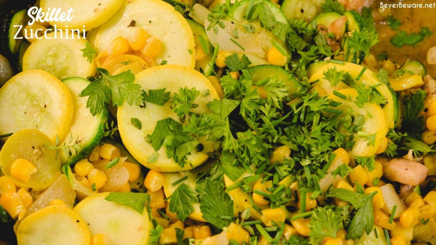 Skillet zucchini and summer squash recipe with corn and mushrooms is a quick sauteed squash recipe that comes together with lots of flavors thanks to onions, garlic, and fresh herbs.