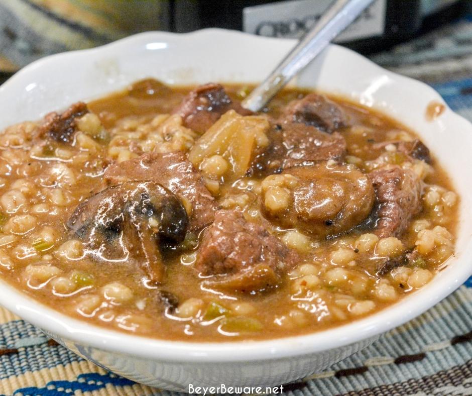 Crock Pot beef and barley soup with mushrooms is my new favorite soup to make this winter. This soup is full of onion, celery, and garlic and then lots of mushrooms and of course stew meat all made heartier with barley.