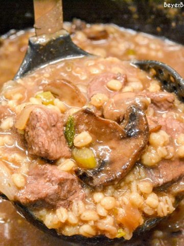 Crock Pot beef and barley soup with mushrooms is my new favorite soup to make this winter. This soup is full of onion, celery, and garlic and then lots of mushrooms and of course stew meat all made heartier with barley.