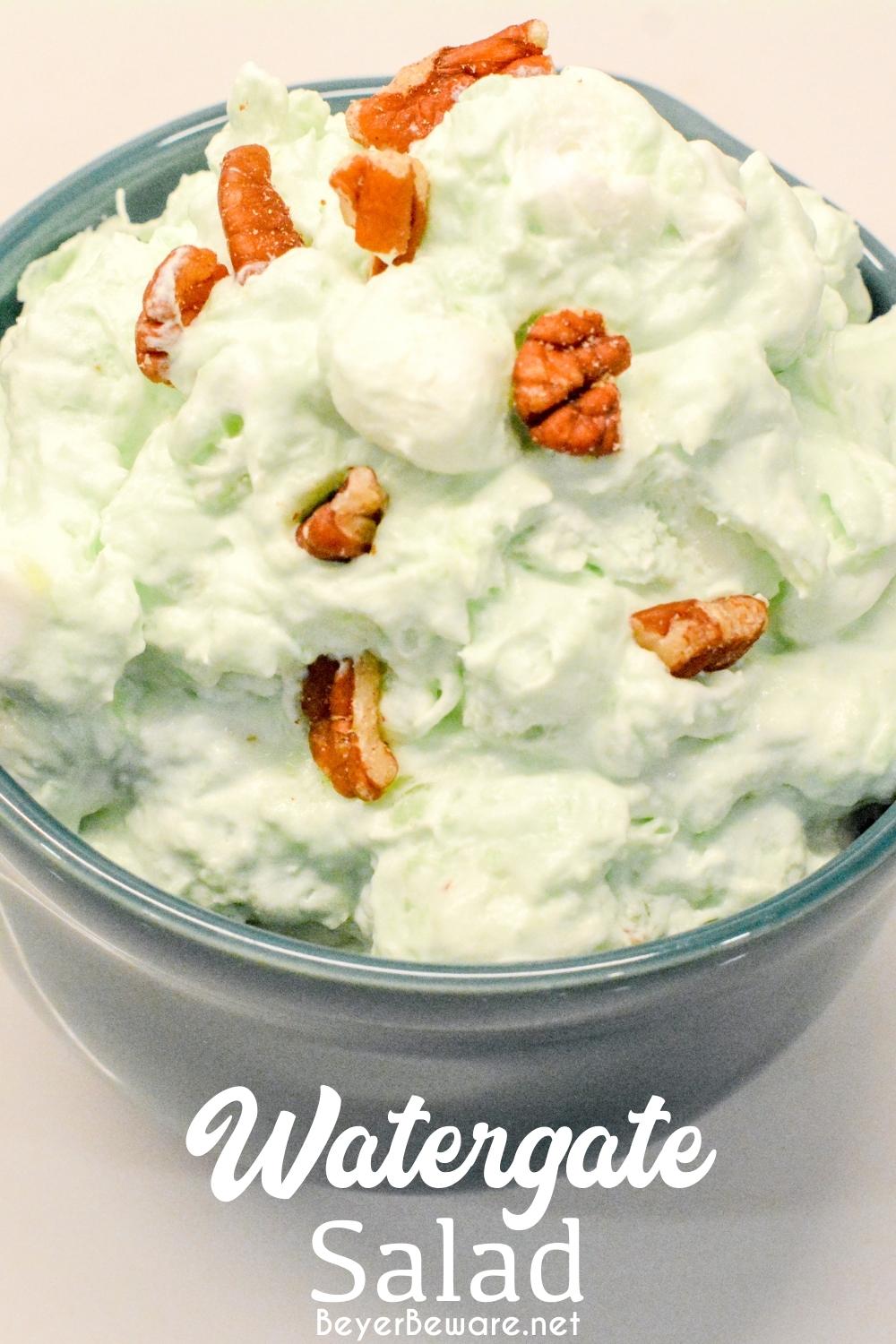 Watergate Salad is a simple 5-ingredient recipe made with instant pistachio pudding, pineapple, marshmallows, cool whip, and nuts. Want the pistachio fluff salad instead? Just leave the nuts out!