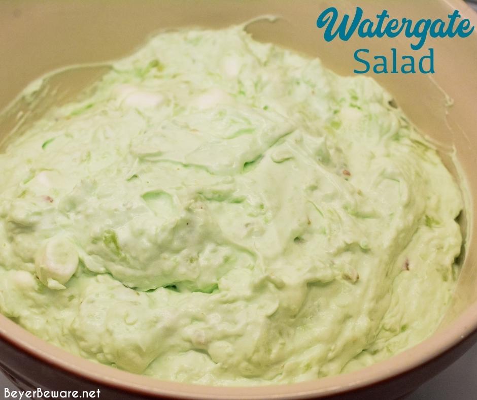 Watergate Salad is a simple 5-ingredient recipe made with instant pistachio pudding, pineapple, marshmallows, cool whip, and nuts. Want the pistachio fluff salad instead? Just leave the nuts out!