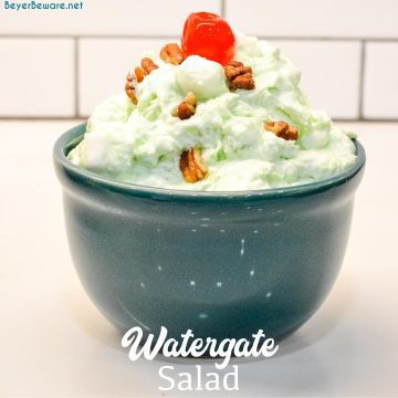 Watergate Salad is a simple 5-ingredient recipe made with instant pistachio pudding, pineapple, marshmallows, cool whip, and nuts. Want the pistachio fluff salad instead? Just leave the nuts out!