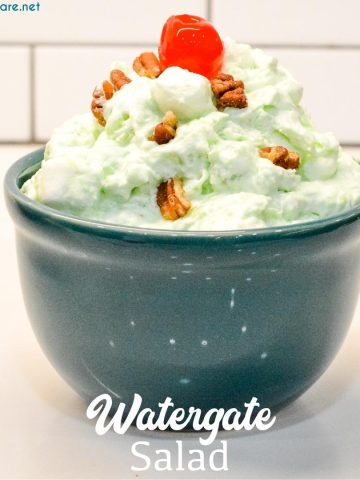 Watergate Salad is a simple 5-ingredient recipe made with instant pistachio pudding, pineapple, marshmallows, cool whip, and nuts. Want the pistachio fluff salad instead? Just leave the nuts out!