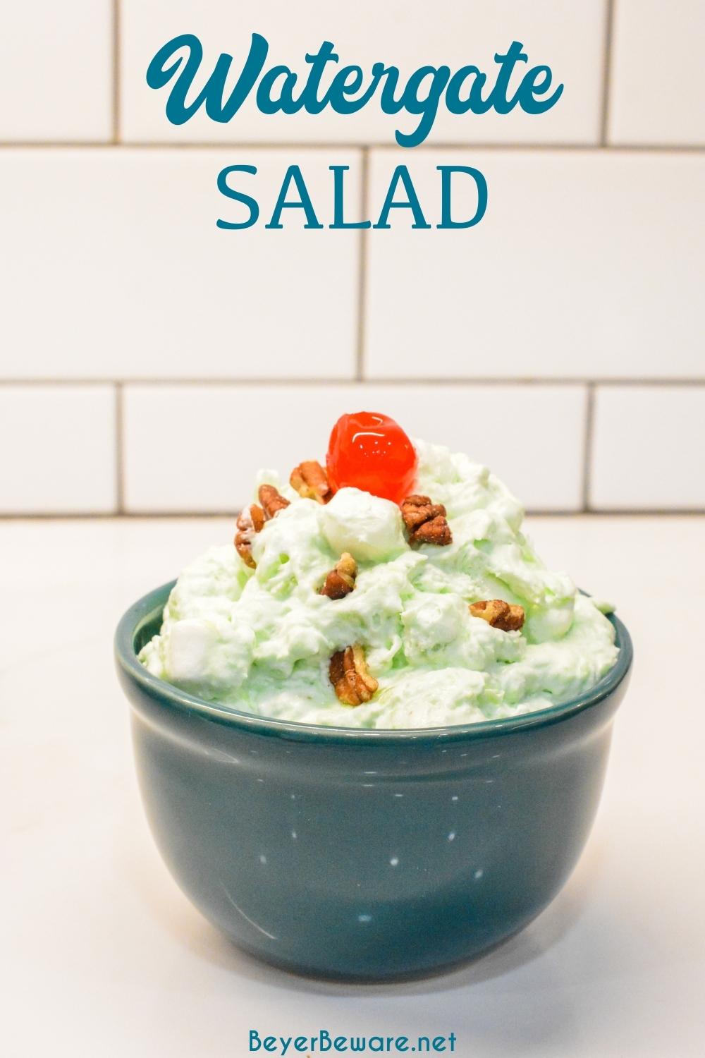 Watergate Salad is a simple 5-ingredient recipe made with instant pistachio pudding, pineapple, marshmallows, cool whip, and nuts. Want the pistachio fluff salad instead? Just leave the nuts out!