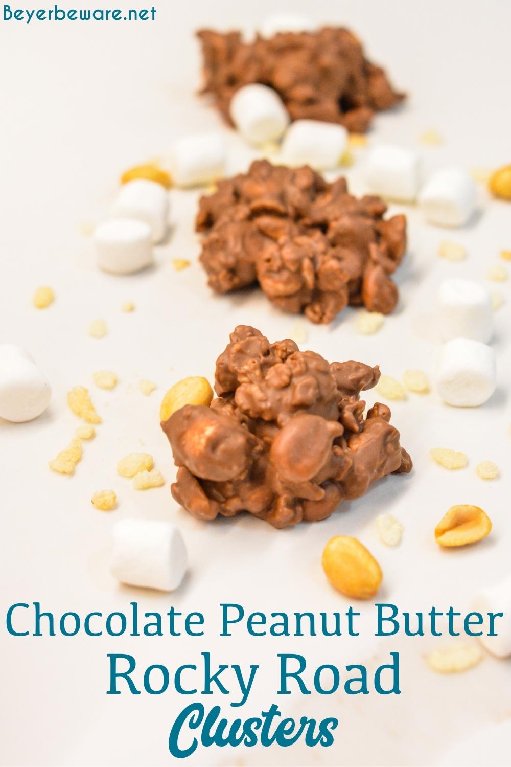 Chocolate peanut butter rocky road clusters combine peanut, marshmallows, and rice krispies with melted dark and white chocolate and peanut butter for over-the-top peanut clusters.