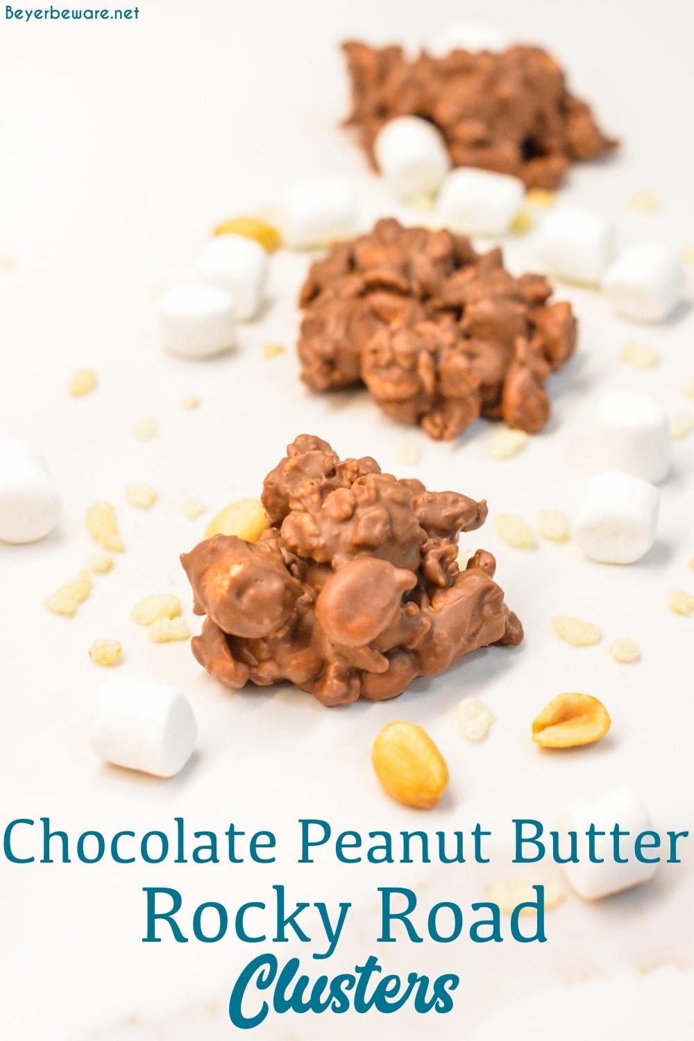 Chocolate peanut butter rocky road clusters combine peanut, marshmallows, and rice krispies with melted dark and white chocolate and peanut butter for over-the-top peanut clusters.