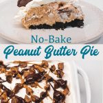 No-bake peanut butter pie recipe is a full pan size dessert layered with an Oreo crust, creamy peanut filling, and cool whip topping.