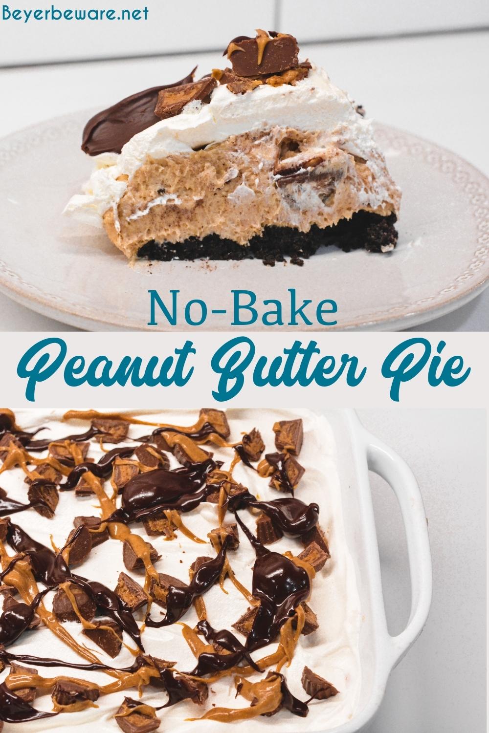 No-bake peanut butter pie recipe is a full pan size dessert layered with an Oreo crust, creamy peanut filling, and cool whip topping.