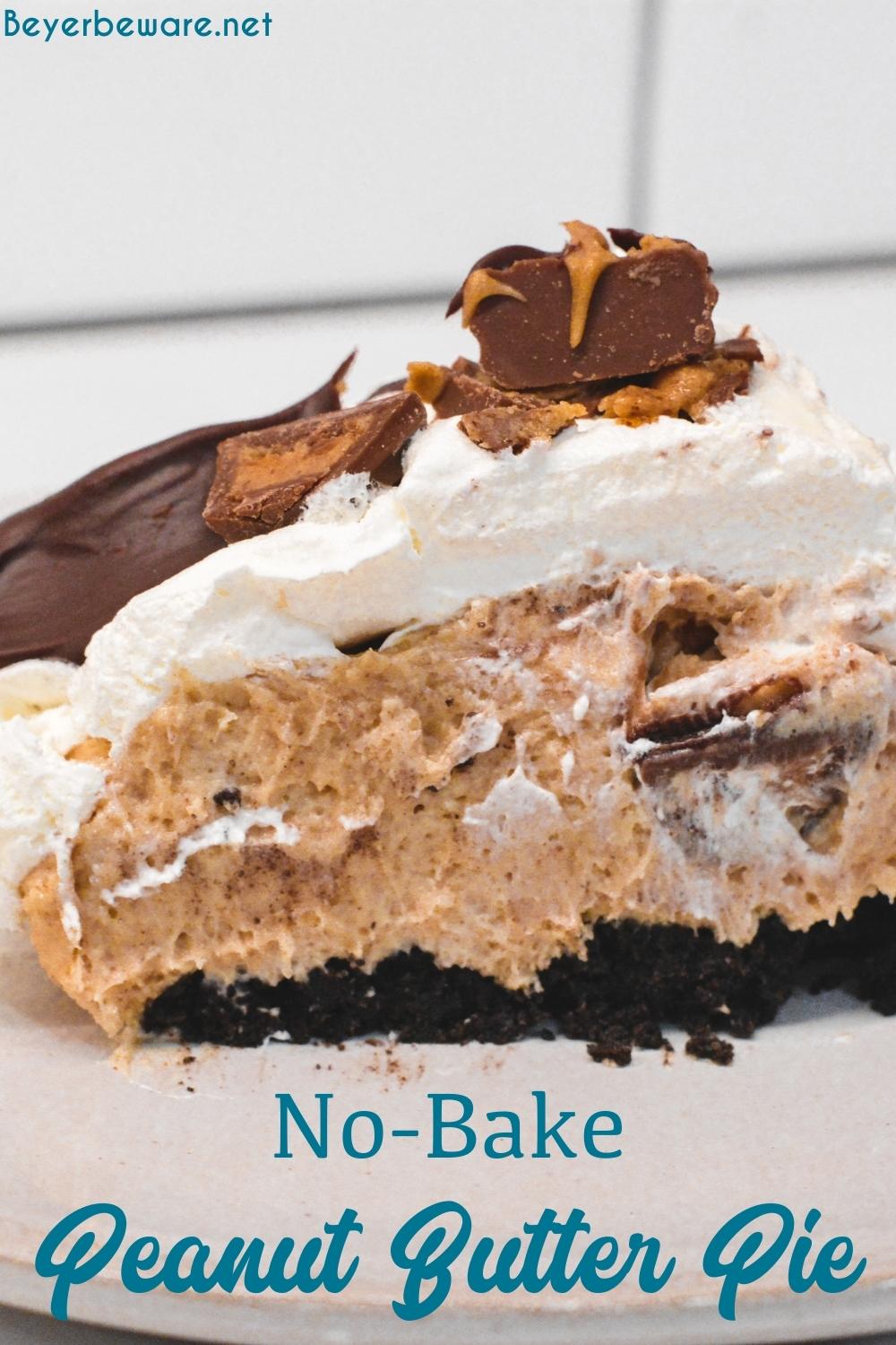 No-bake peanut butter pie recipe is a full pan size dessert layered with an Oreo crust, creamy peanut filling, and cool whip topping.