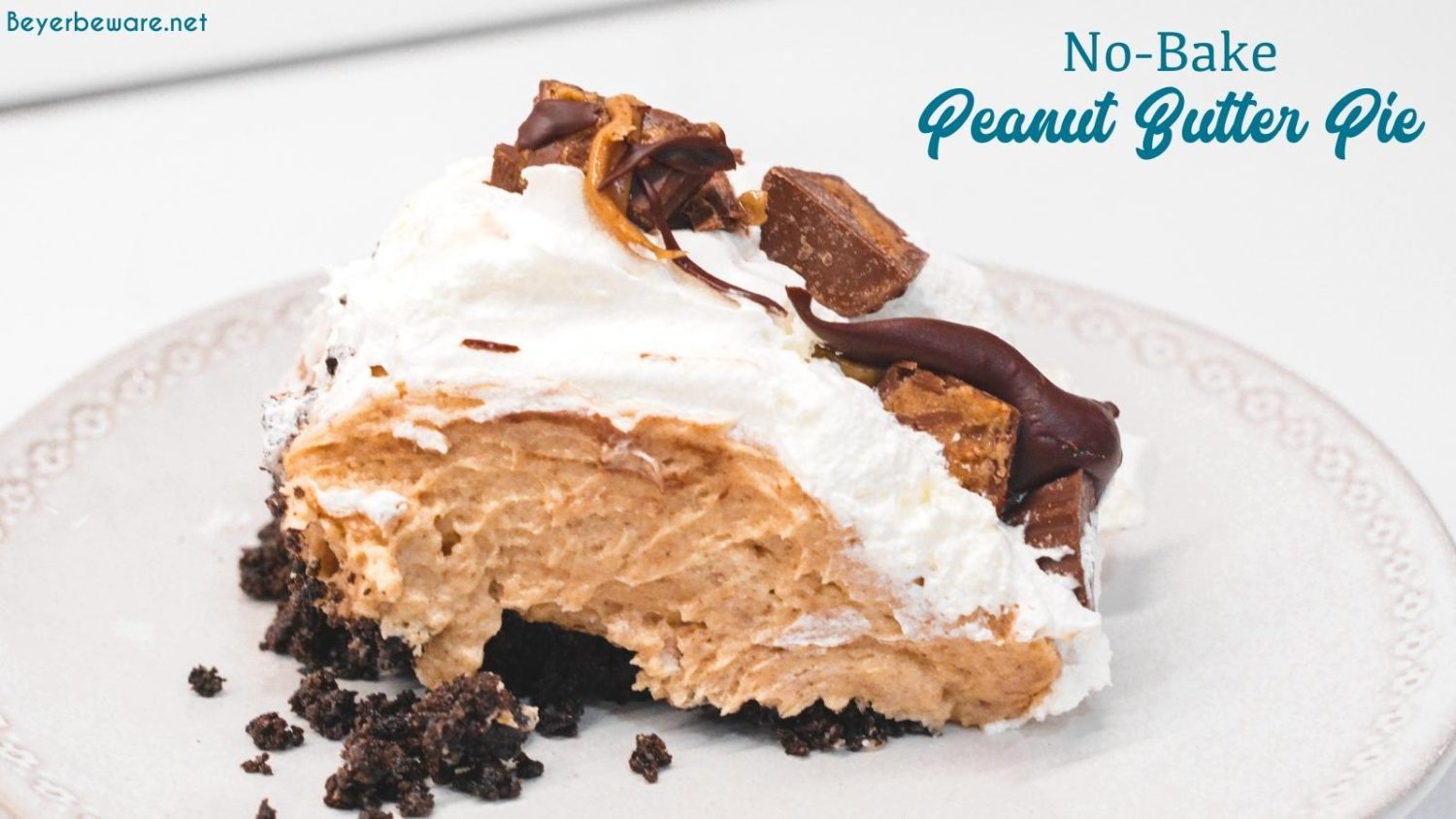 No-bake peanut butter pie recipe is a full pan size dessert layered with an Oreo crust, creamy peanut filling, and cool whip topping.