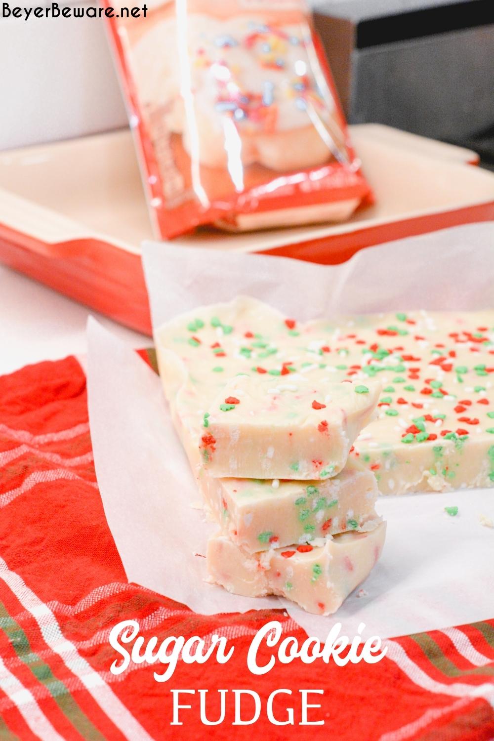 Sugar Cookie Fudge is an easy-to-make ingredient Christmas fudge recipe that combines white chocolate fudge with the flavors of sugar cookies.