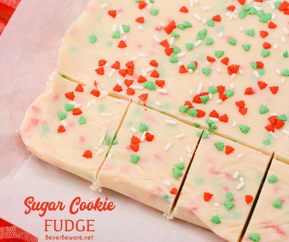 Sugar Cookie Fudge is an easy-to-make ingredient Christmas fudge recipe that combines white chocolate fudge with the flavors of sugar cookies.