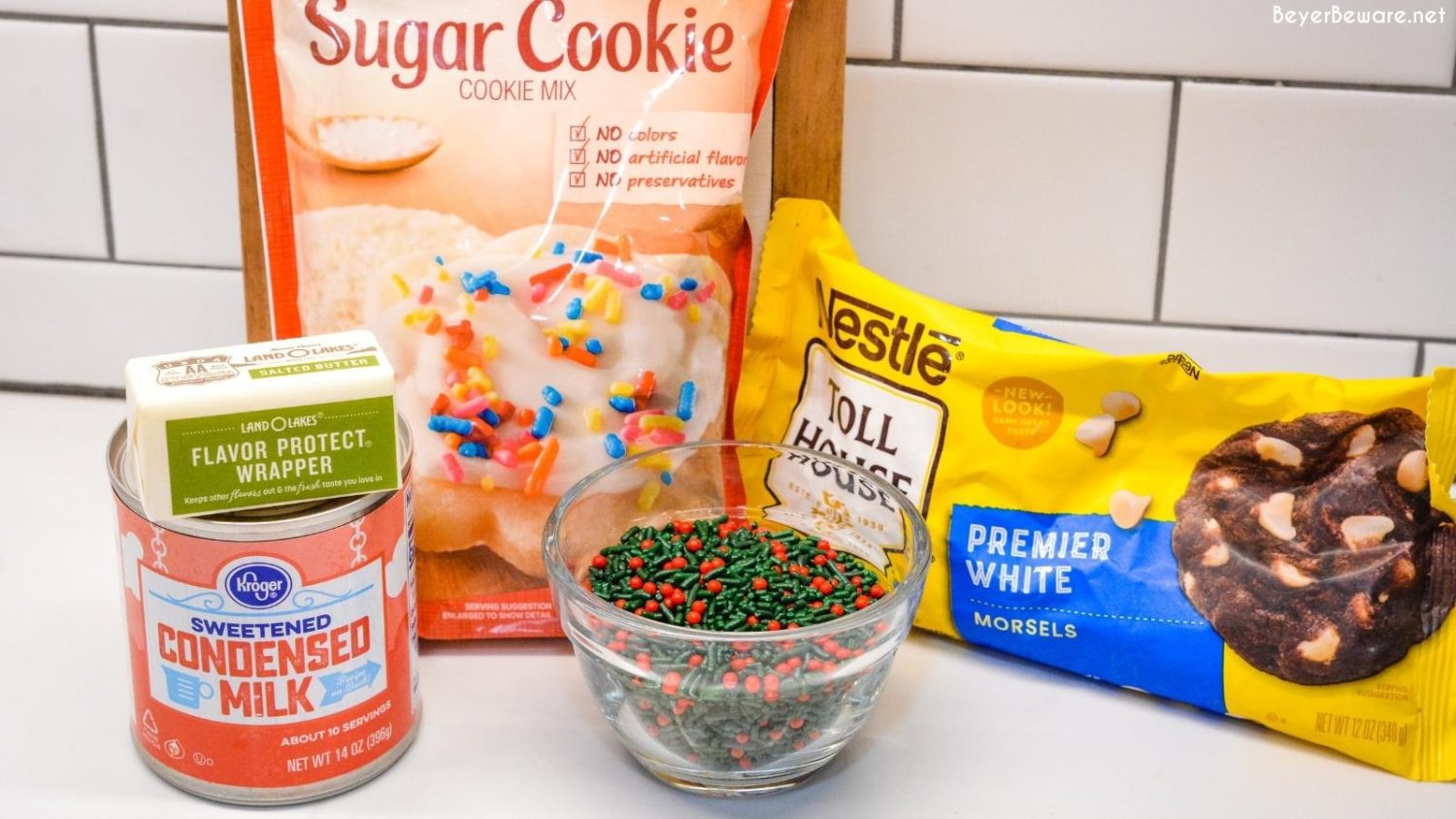 Sugar Cookie Fudge ingredients - White chocolate chips, sweetened condensed milk, butter, sugar cookie mix, sprinkles