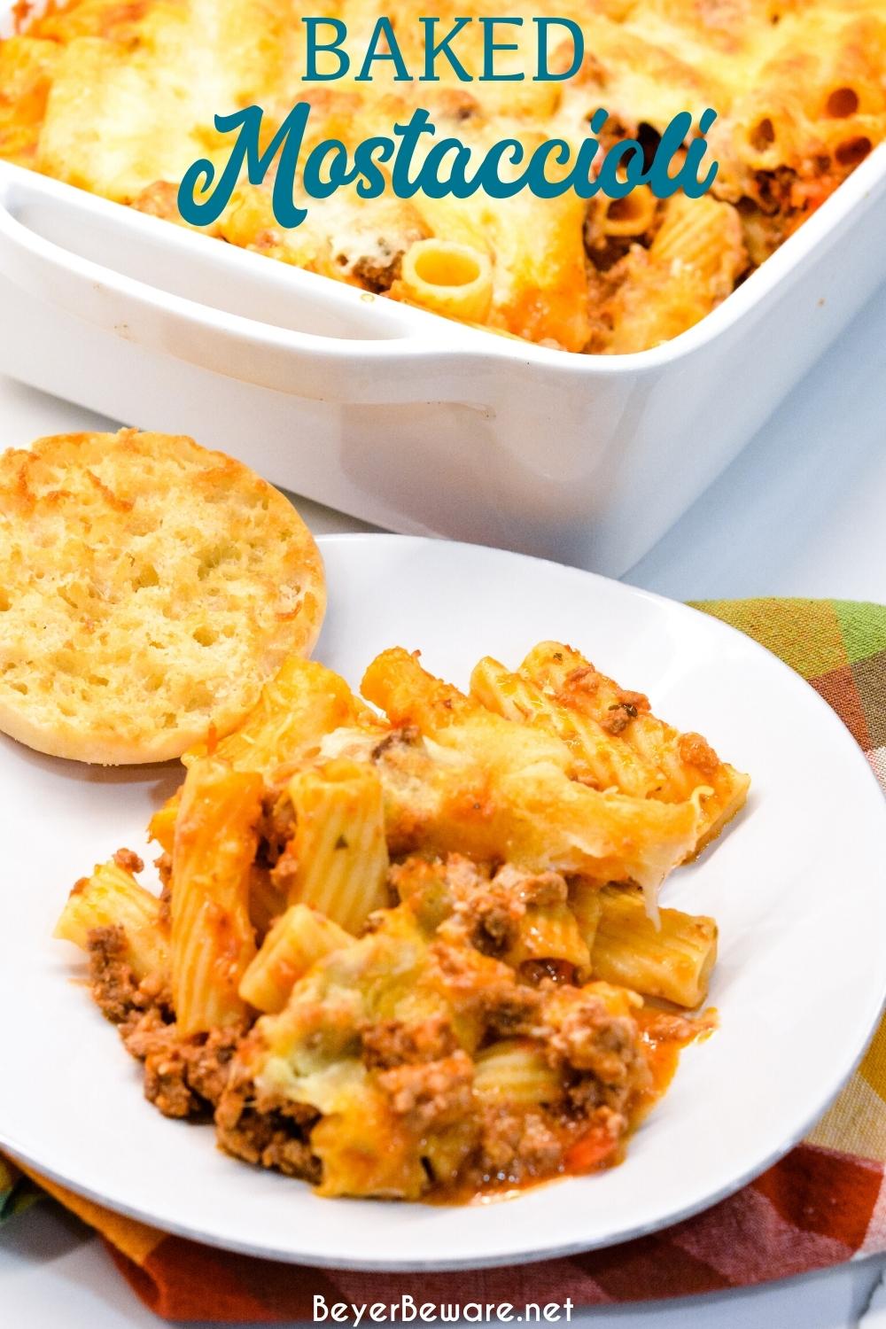 Mostaccioli bake is a hearty Italian casserole made with pasta, sausage, tomato sauce, cheese, and lots of seasoning.