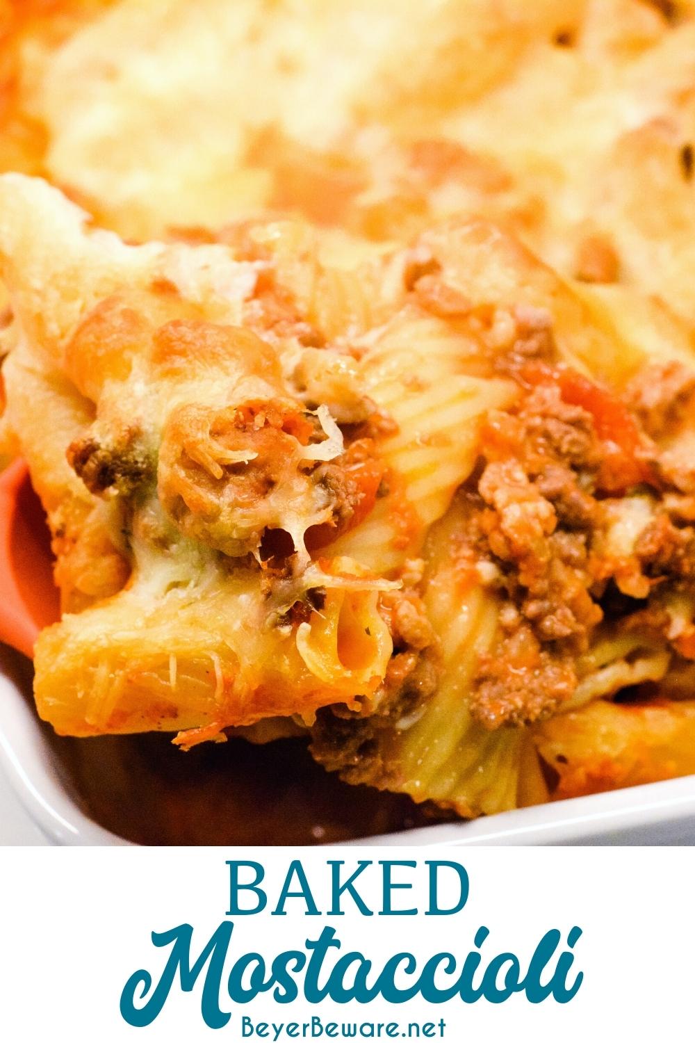 Mostaccioli bake is a hearty Italian casserole made with pasta, sausage, tomato sauce, cheese, and lots of seasoning.