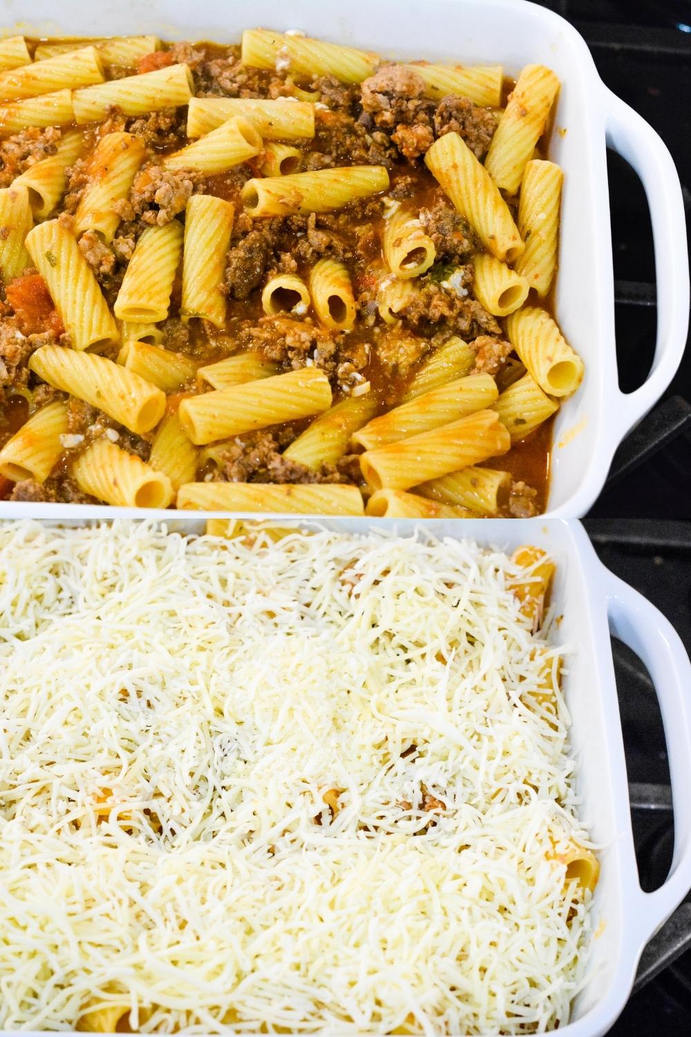 Preparing the mostaccioli for baking by putting in a baking dish and topping with cheese.